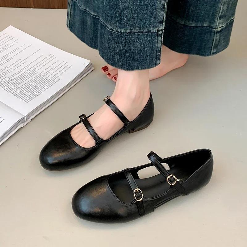 Fashion One Buckle Mary Jane Flat Single Shoes Women's Round Toe Shallow Mouth Metal Buckle Cutout Breathable Low Heel Shoes