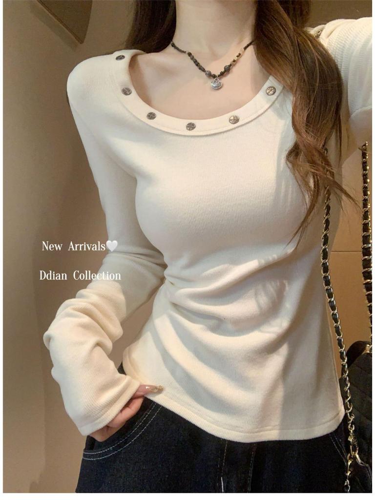Korean Style Slim Fit Round Neck Rivet Long Sleeve Top for Women - Spring Solid Color