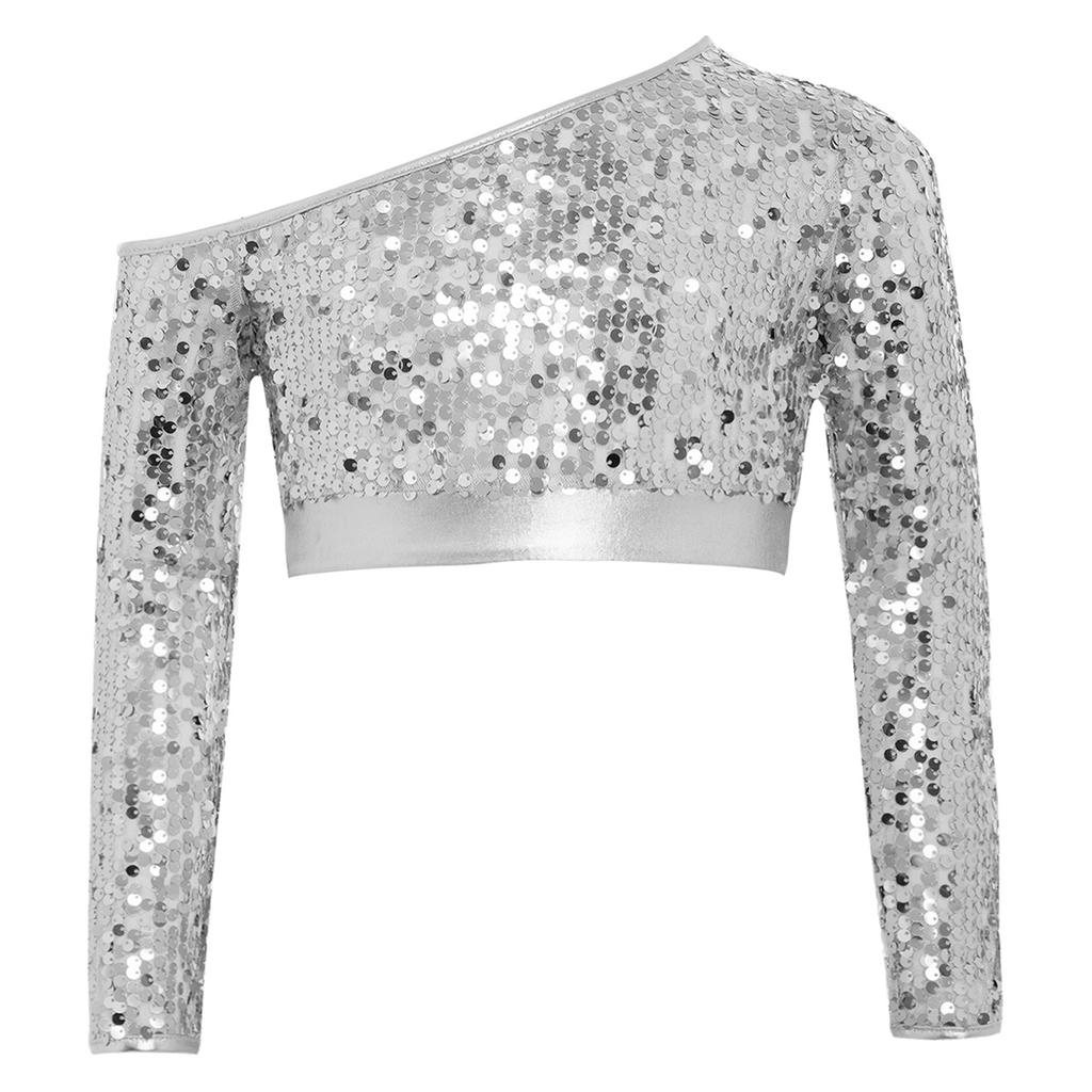 Girls Jazz Dance One Shoulder Long Sleeve Sequins Top Performance Competition Costume