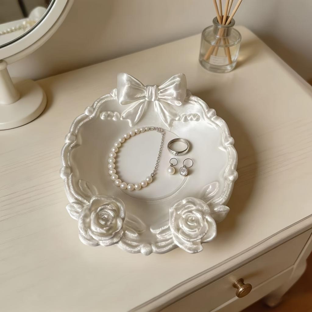1Pc 3D Printed Pearl White Bow Rose Tray Vintage Embossed French Light Luxury Jewelry Storage Tray Dressing Table Decorative Plate, Rose Bow