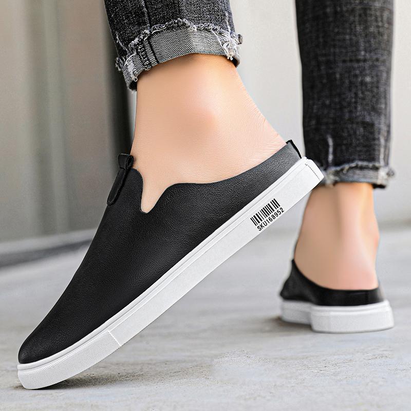 Leather Slip On Flat Mules Men Backless Loafers Slipper Half Shoes For Man Closed Toe Slide Sandals Open-back Casual Board Shoes