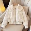 Womens Short White Faux Lamb Fur Collar Down Jacket Winter Warm Puffer Coat Loose Fit Casual Chic
