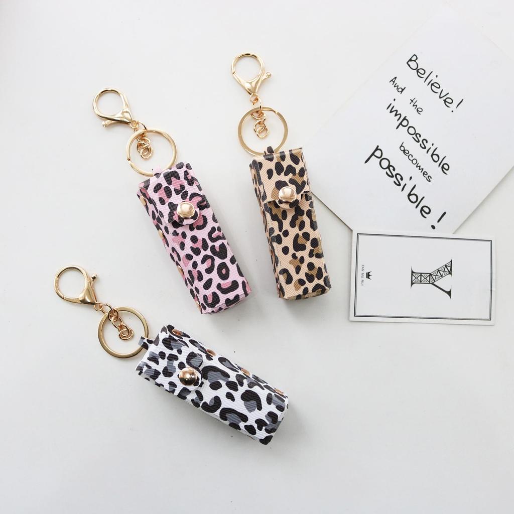 Leopard Print Lipstick & Lip Glaze Eco-friendly Fabric Storage Bag with Keychain Pendant