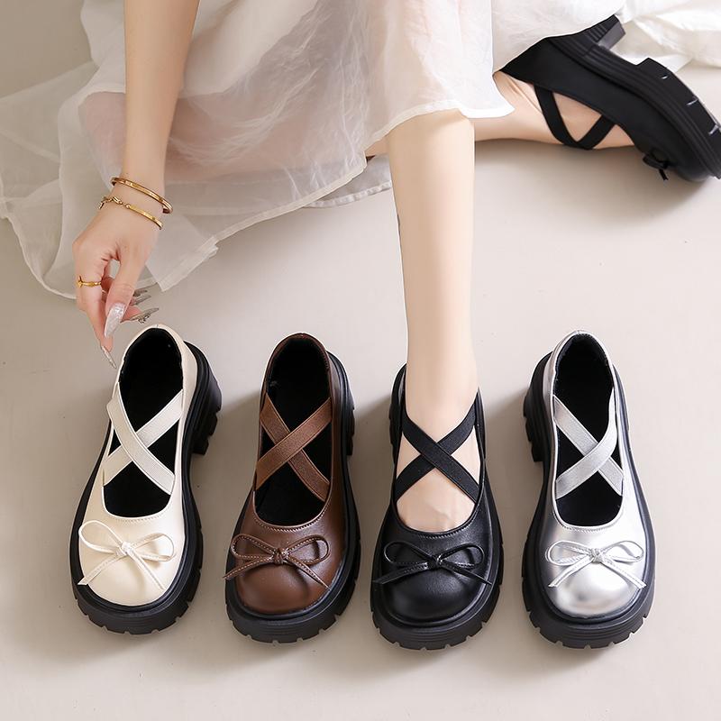 Silver High Heels Platform Pumps Women 2024 Autumn Bowtie Crossed Straps Mary Jane Shoes Woman Pu Leather Thick Heeled Jk Shoes