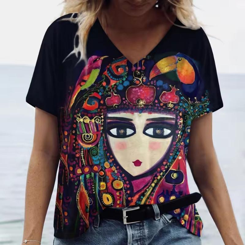 Summer Cartoon T Shirt Women Gilr Graphic 3D Print V-Neck Short Sleeve Pullover Outdoor Casual Y2k Clothing Female T-Shirts
