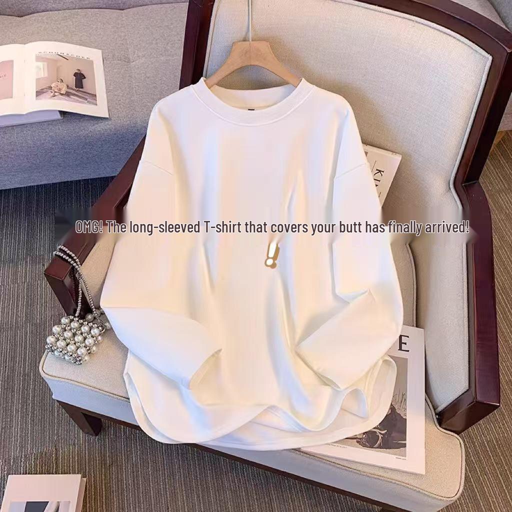 Women's Loose Plush Base Layer Mid-Length Split Long-Sleeve Tee