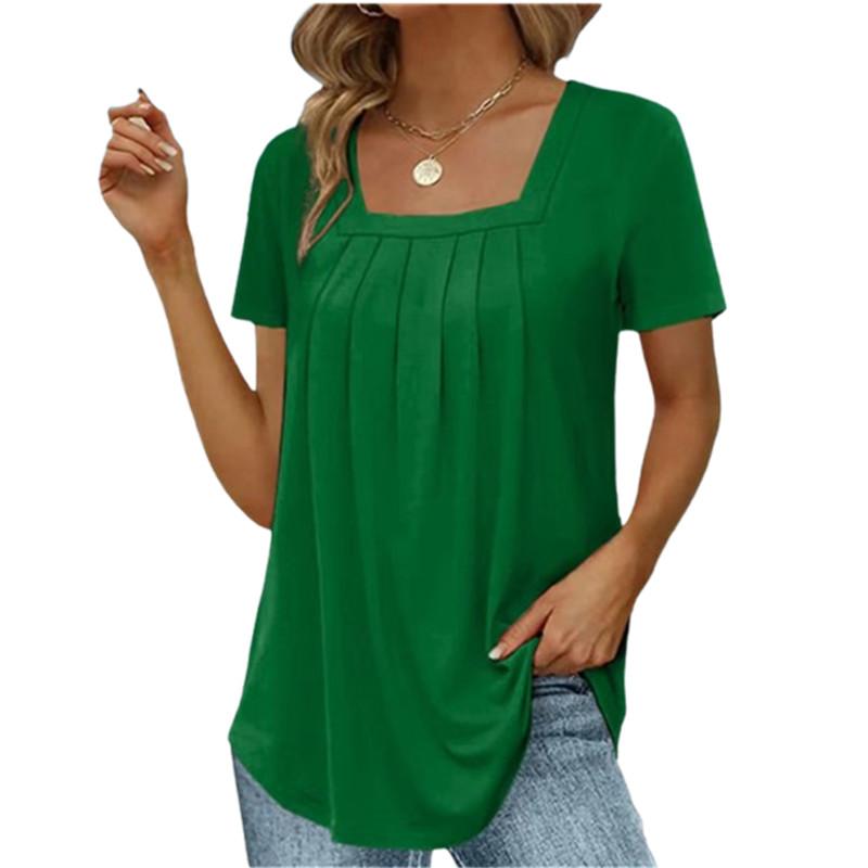 T-shirt Carré Plissé Élégant d'Été pour Femme Mode Décontracté Manches Courtes Hauts Amples Féminins Sexy pour le Travail Vêtements