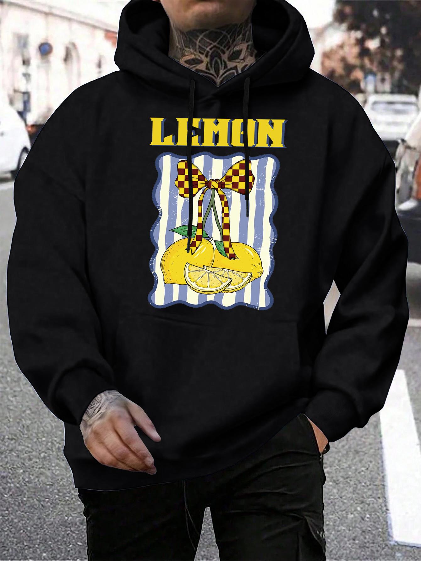 

Creative Lemon Fruit Bow Print Men Hoodies Multicolor Pocket Hoodie Fleece Autumn Male Clothing Casual All-Match Streetwear 3XL