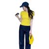 American front shoulder slim trendy top women's design sense niche new summer solid color fashion short-sleeved t-shirt