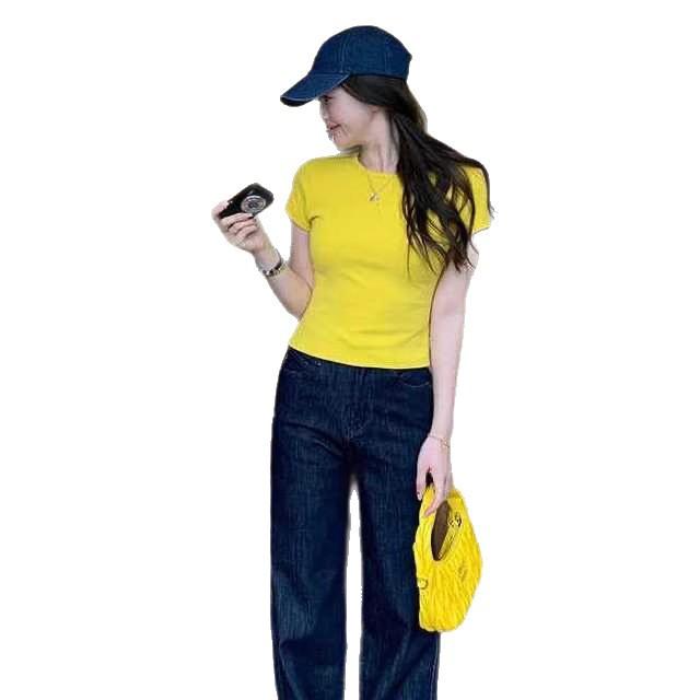 American front shoulder slim trendy top women's design sense niche new summer solid color fashion short-sleeved t-shirt