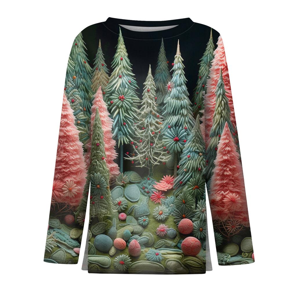 Women's Fashion Casual Slit Hem Round Neck Long Sleeve Loose Christmas Printed T-Shirt Ladies Top