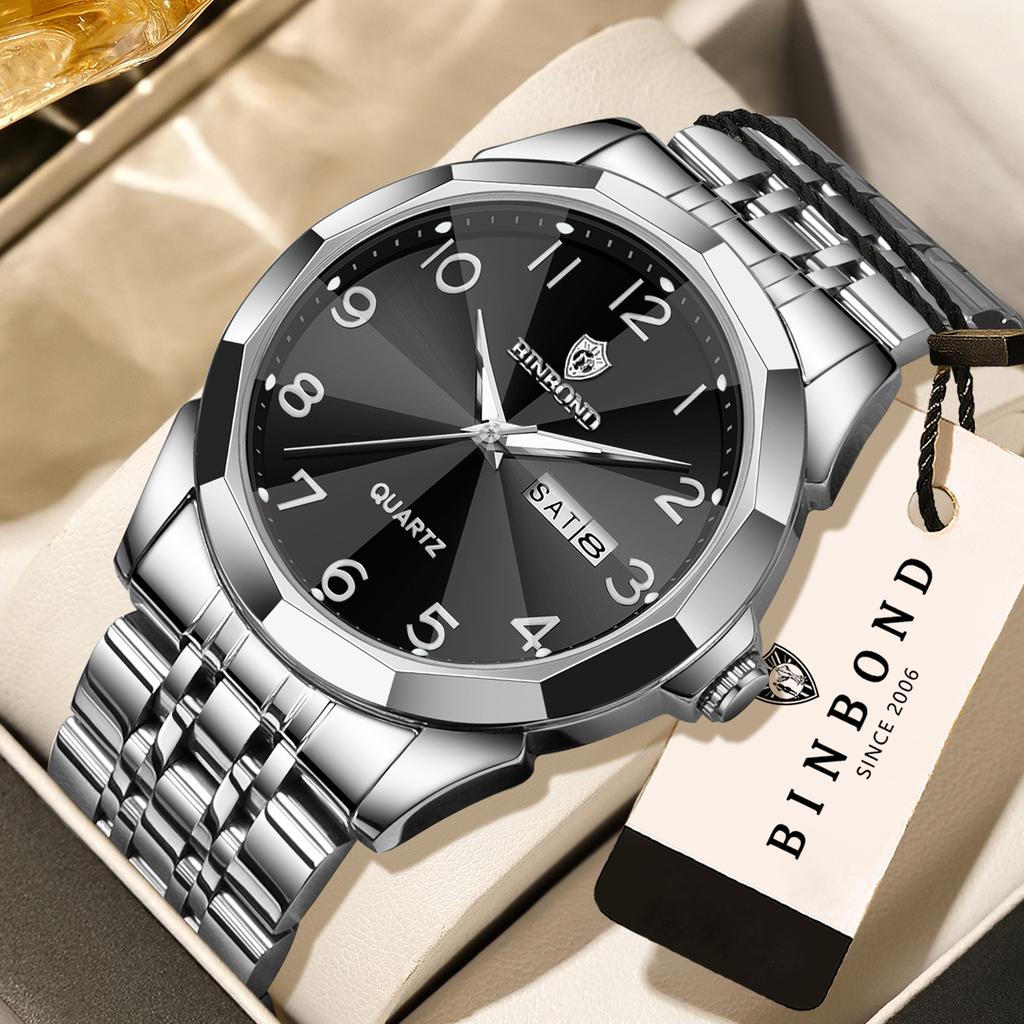 BINBOND Men's Quartz Watch Luxury Sturdy Luminous Waterproof Week Display Auto Date Accurate Stainless Steel Reloj
