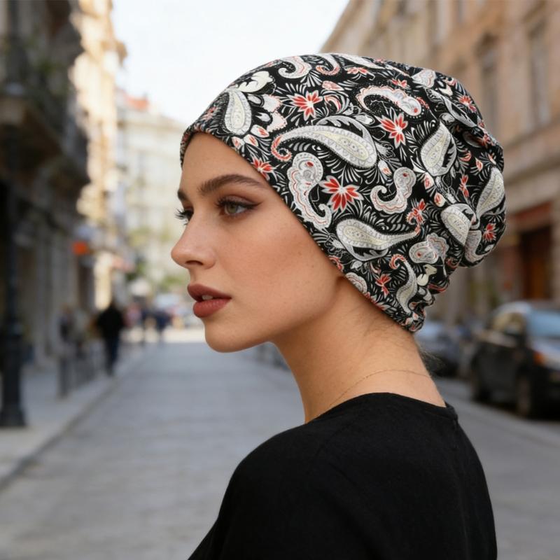 Cashew Print Bonnet Scarf Hat Face Mask Conversion Technology Breathable Fabric Design for Active Street Lifestyles