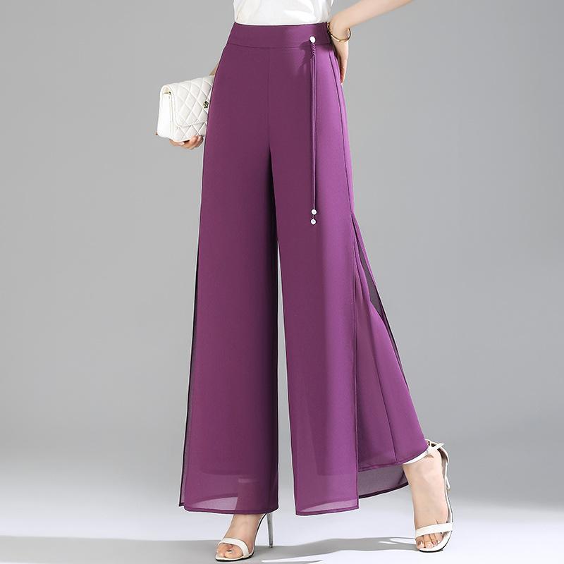 Double Pants Fashion Slit Pants Spring Summer Comfortable Elastic Waist Slim Chic Droop Pants