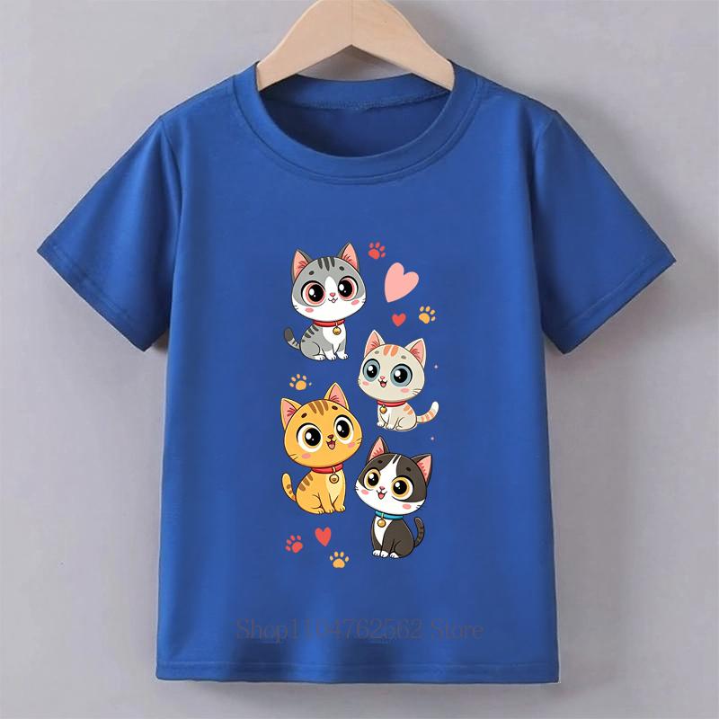 Four Cute Cats Print Tshirts for Girls Summer Casual Fashion Kids Colorful Comfortable Tops Children ONeck Short Sleeve Tees