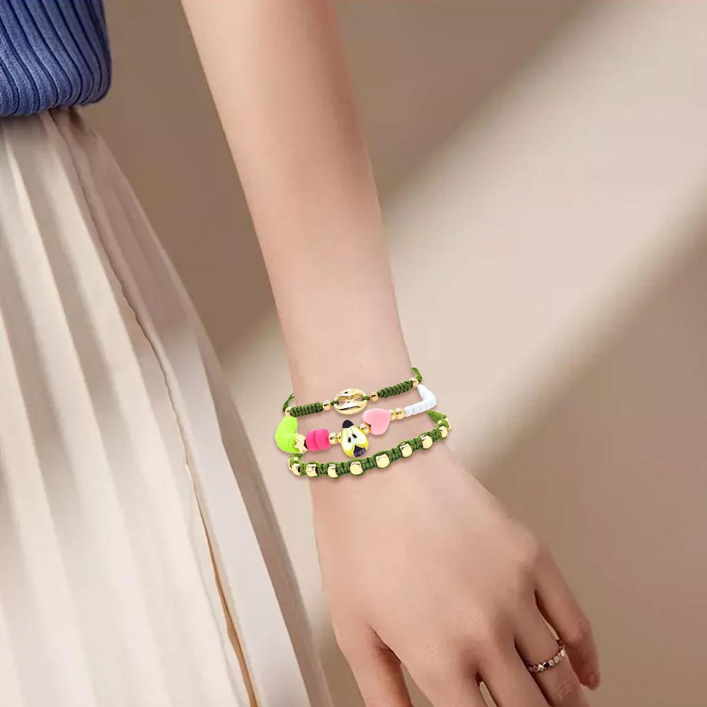 3pcs Bohemian Styles Elegant Bracelets with Pig Nose Beads and Soft Clay Fruit Charm Accessory for Everyday Wear