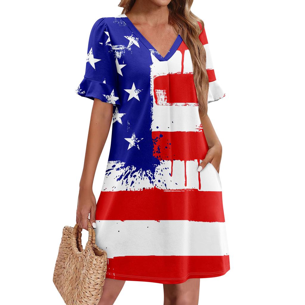 Summer Dresses For Women V Neck Ruffle Short Sleeve Casual Loose  Independence Printing Dress Beach Dress With Pockets