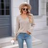 Graue Strickwaren Lose Frauen Pullover Pit Streifen Schleifen V-ausschnitt Spitze Langarm Pullover Einfarbig Casual Pendeln Basis Hemd Herbst Winter