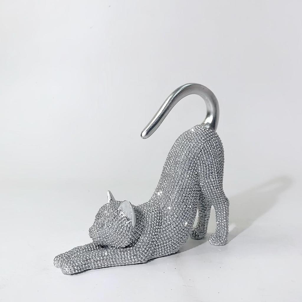 Sparkling Rhinestone Stretching Cat Figurine Jewelry Holder Light Desktop Decor for Necklace Earring Storage Home Accent Gift