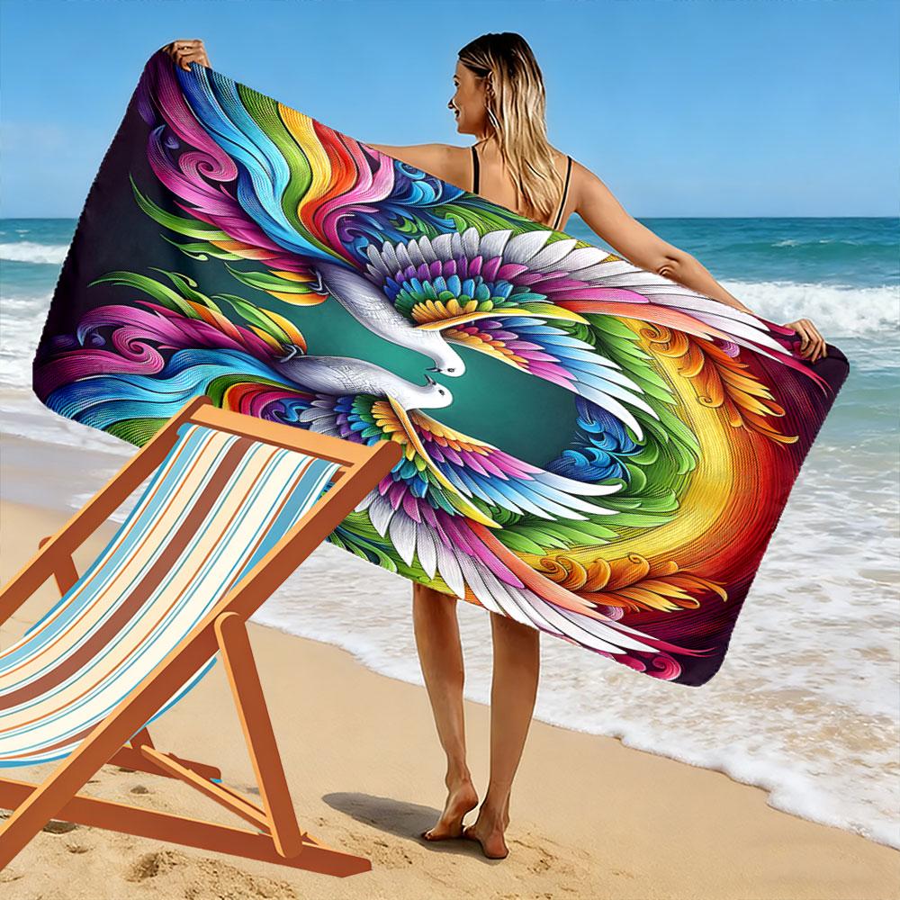 "Colorful Doves with Rainbow Wings" Patterned beach towel quick dry perfect for travel outdoor sports jogging the beach and swimming