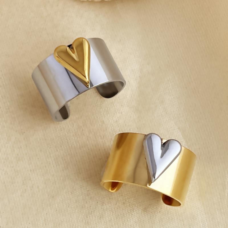 New Design Gold Copper Color Two Tone Metal Heart Stainless Steel Rings For Women Men Trendy Jewelry Valentine'S Day Gifts