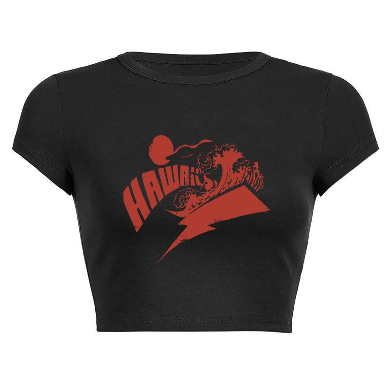 European, American English slogans Printed sexy exposed navel short T-shirt fashionable round neck slim slim top women's multi-picture