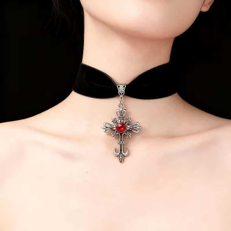 Gothic Dark Cross Ruby Necklace Choker Chain