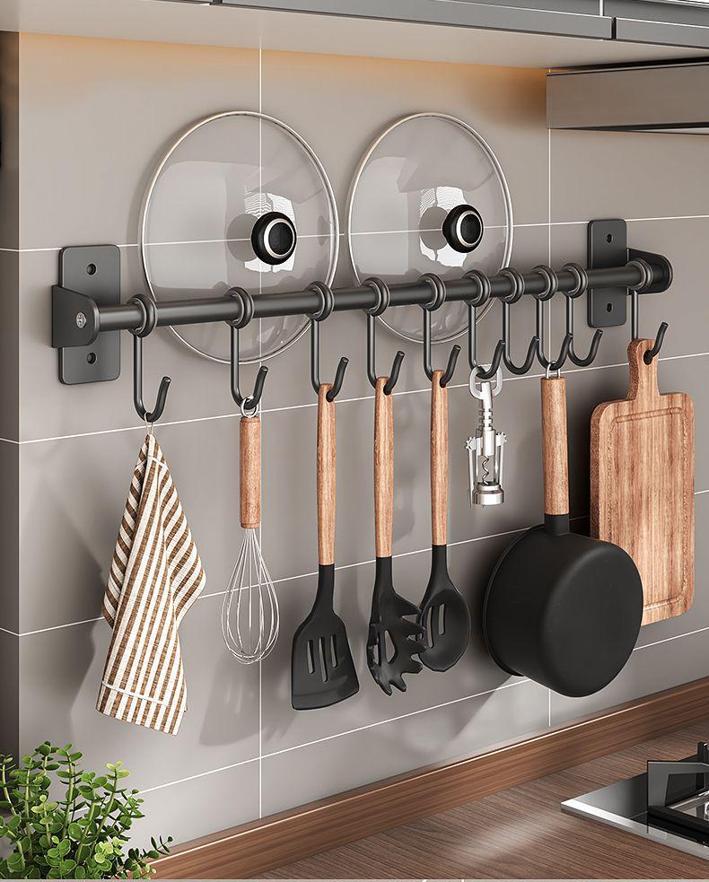 Punch-Free Wall-Mounted Kitchen Storage Rack with Hooks for Pots, Turners, and Spoons
