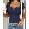 Women's V Neck Long Sleeve Ribbed Top Slim Fit Elegant Solid Crop Top With Lace Button Trim