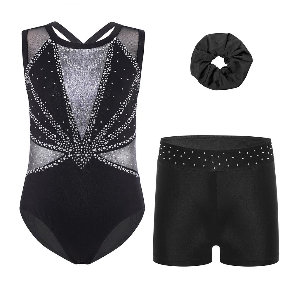 Girls Dance Gymnastics Outfit Sleeveless Crisscross Back Shiny Rhinestones Color Block Metallic Leotard Elastic Waistband Short