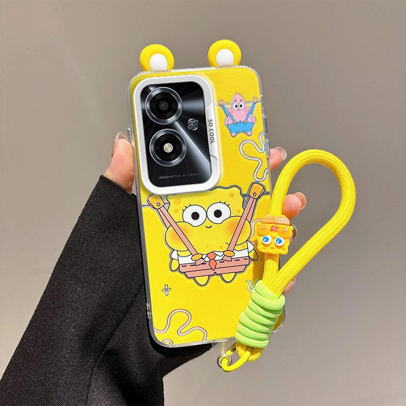 KEYSION Cute Ear Cartoon Case for OPPO A79 5G with Lanyard Soft Silicone+PC Shockproof Phone Back Cover for OPPO A79 5G