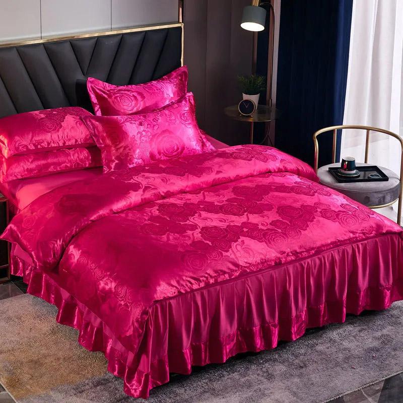 4 stk/sett Europeisk Jacquard Sengeskjørt Sengetøysett Fire Sesonger Laken Dynetrekk Sommer Issilke Dobbeltseng Bryllup Lett Luksus Fire Deler Sett