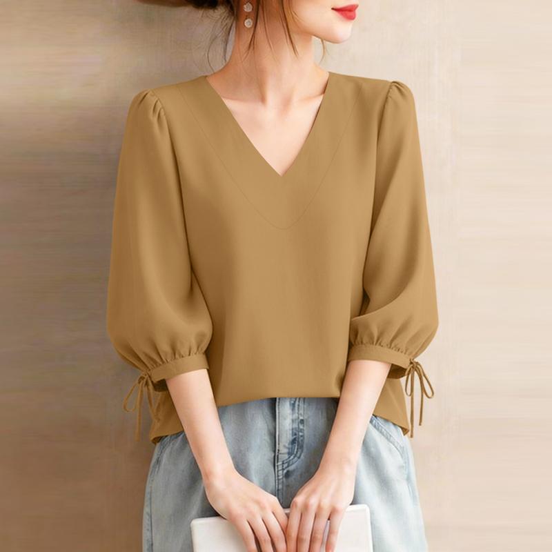 ZANZEA Women Casual V-Neck 3/4 Sleeve Loose Elegant Blouse S хаки