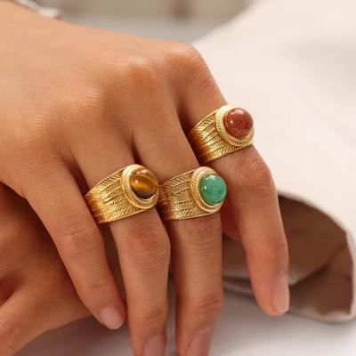 Vintage Natural Stone Turquoise Open Rings 18K Gold Plated Stainless Steel Wide Chunky Finger Ring for Women Jewelry