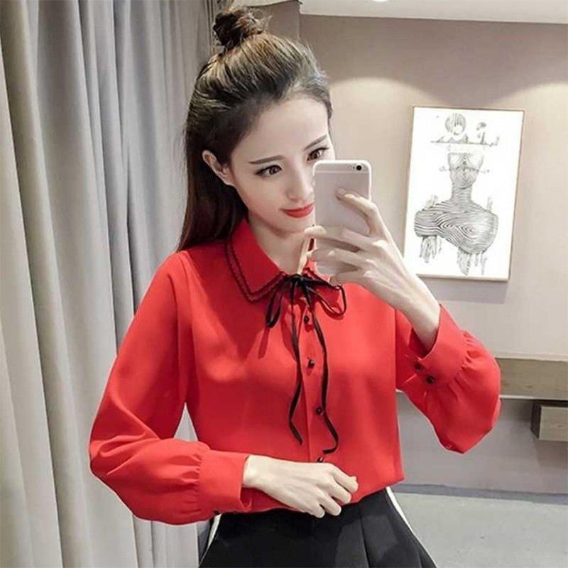 Loose All-match Solid Color Student Bow Chiffon White Shirt Ladies Long-sleeved Bottoming Shirt Commuting