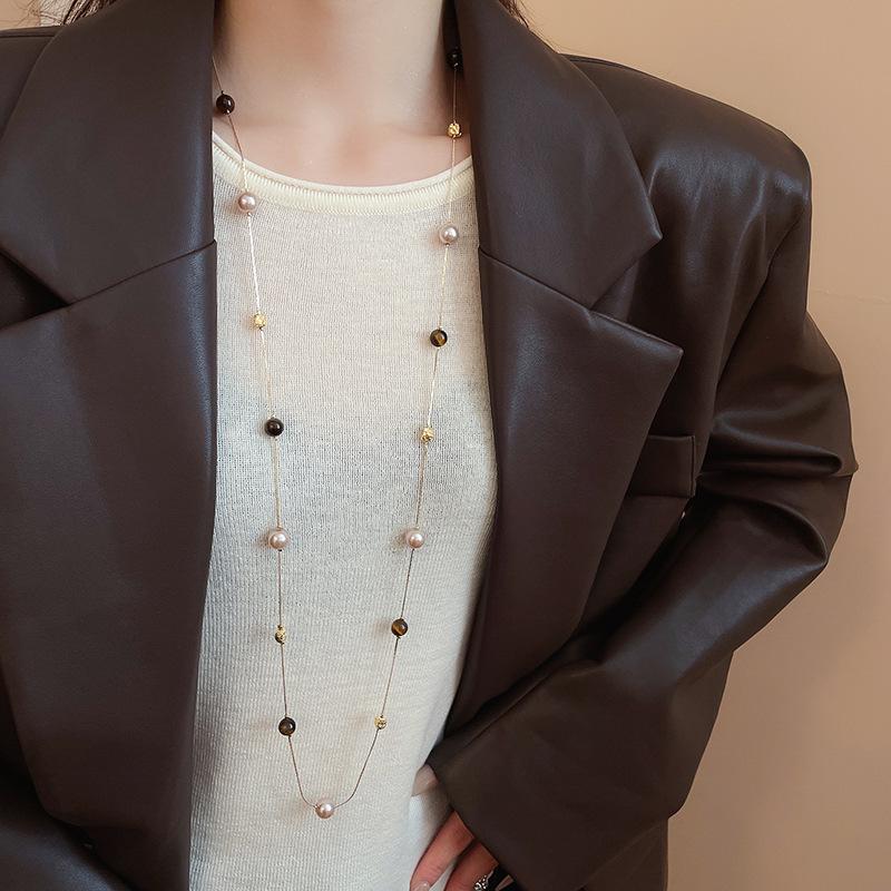 Retro Tiger Eye & Pearl Clavicle Necklace - Autumn/Winter Y2K Style