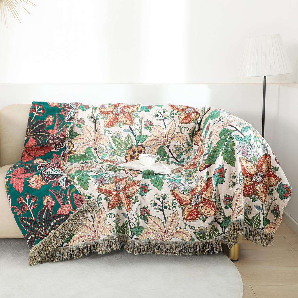 Floral Towel Blanket With Tassels, Sofa Cover Blanket, Bedspread, Four-Layer Gauze Cotton, 200*230 Cm, 1500 G, High Quality Pad