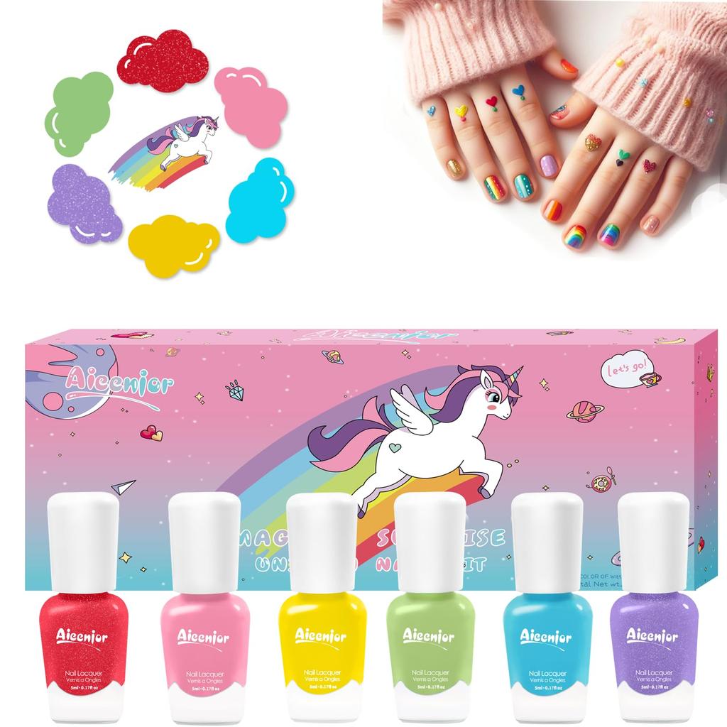 Aieenjor Kinder Nagellack, 6 Farben, Wasserbasiert, Schnelltrocknend, Abziehbar, Ungiftig, Perfekt für Geburtstage, Mädchen oder als Geschenk