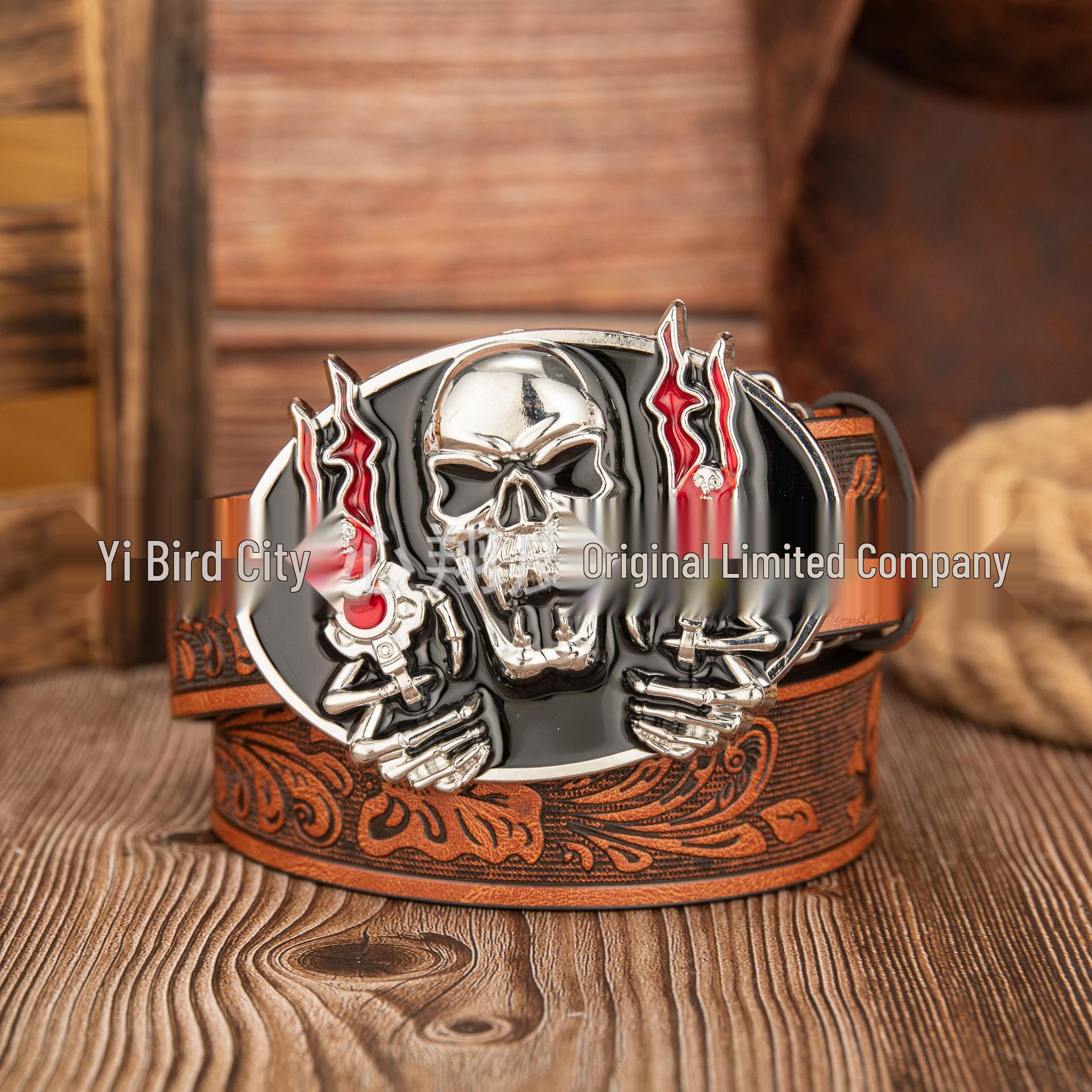 Men s Western Skull Buckle Leather Belt 120cm верблюд