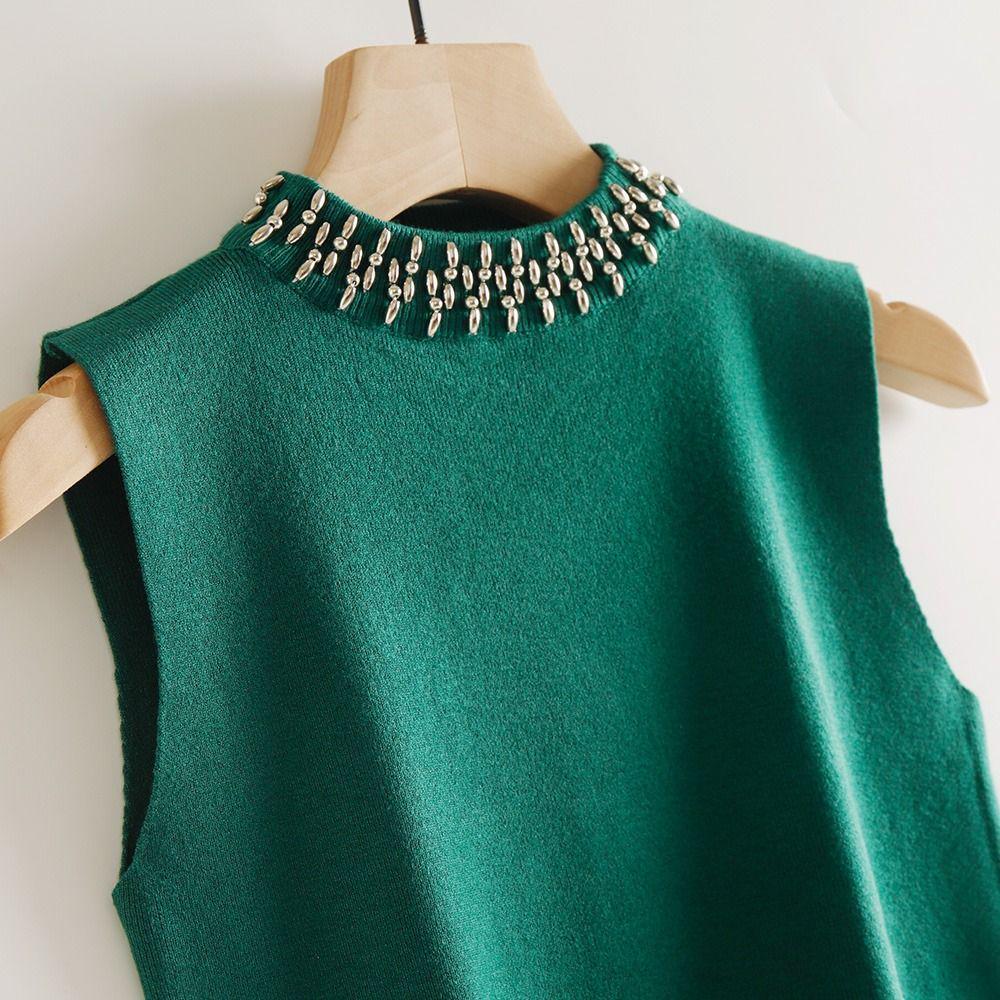 Gilet in Maglia Fatto a Mano Retrò Romantico con Perline ad Scollo Alto Senza Maniche per Donna Primavera/Estate 2026