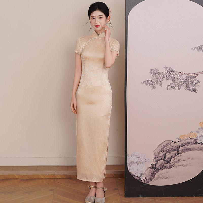 Champagne short-sleeved Republic of China style new Chinese style Suzhou long cheongsam improved young 1011 new women's high-end sense