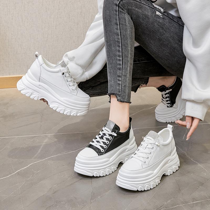 Fashion 9CM High Heel Genuine Leather Women Shoes Chunky Sneakers Wedge Platform Shoes Spring Summer Women Breathable Comfy Footwear