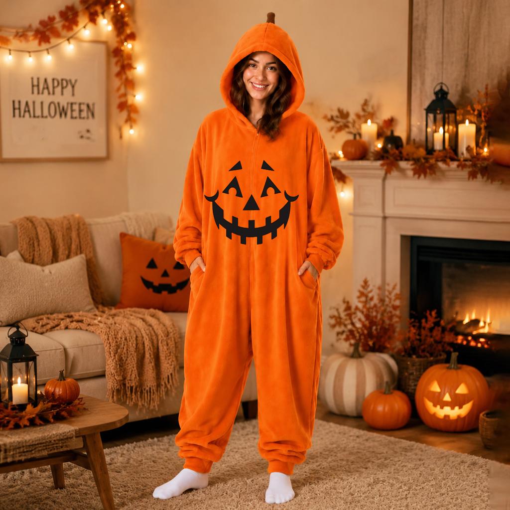 Women's Halloween Flannel Jumpsuit Loungewear Set for Holiday Parties