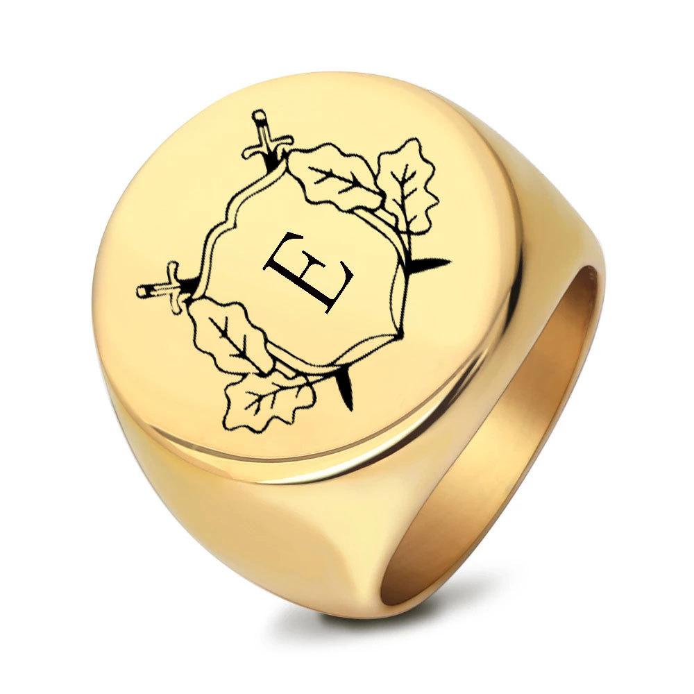 22MM Circular Retro Laser Double Sword Leaf Letter Titanium Steel Ring Stainless Steel Fashion Jewelry