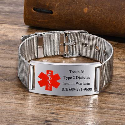 Darmowe spersonalizowane bransoletki medyczne z identyfikatorem dla mężczyzn, Wodoodporne, Szerokość 10mm/16mm, Stal nierdzewna, Siatkowy pasek, Opaska na nadgarstek, Biżuteria ICE