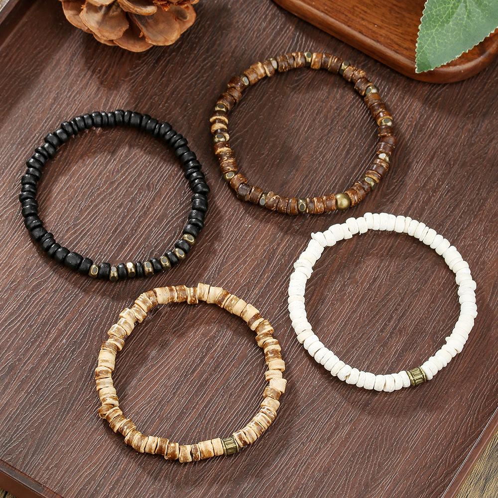 Hot-selling natural stone wood chip coconut shell elastic beaded bracelet set retro couple beach bracelet