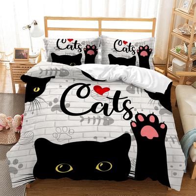 Cartoon Schwarze Katze Bettbezug Set Queen Größe Niedlich Kawaii Kinder Mädchen Bettdeckenbezug Set Tiere Steppdeckenbezüge mit 2 Kissenbezügen