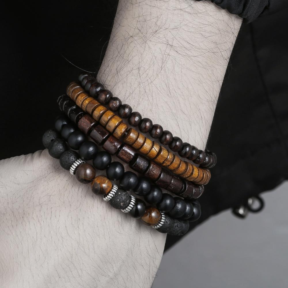 Mehrschichtiges, stapelbares Armband-Set aus Holzperlen für Damen und Herren im handgefertigten afrikanischen Türkis-Stil