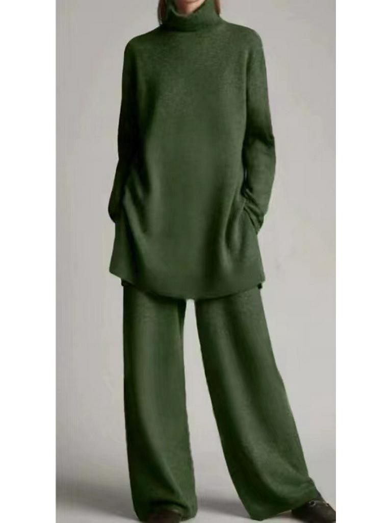 

2024 Весна/Осень Высокий Воротник Трикотажный Однотонный Свободный Повседневный Комплект Из Двух Частей