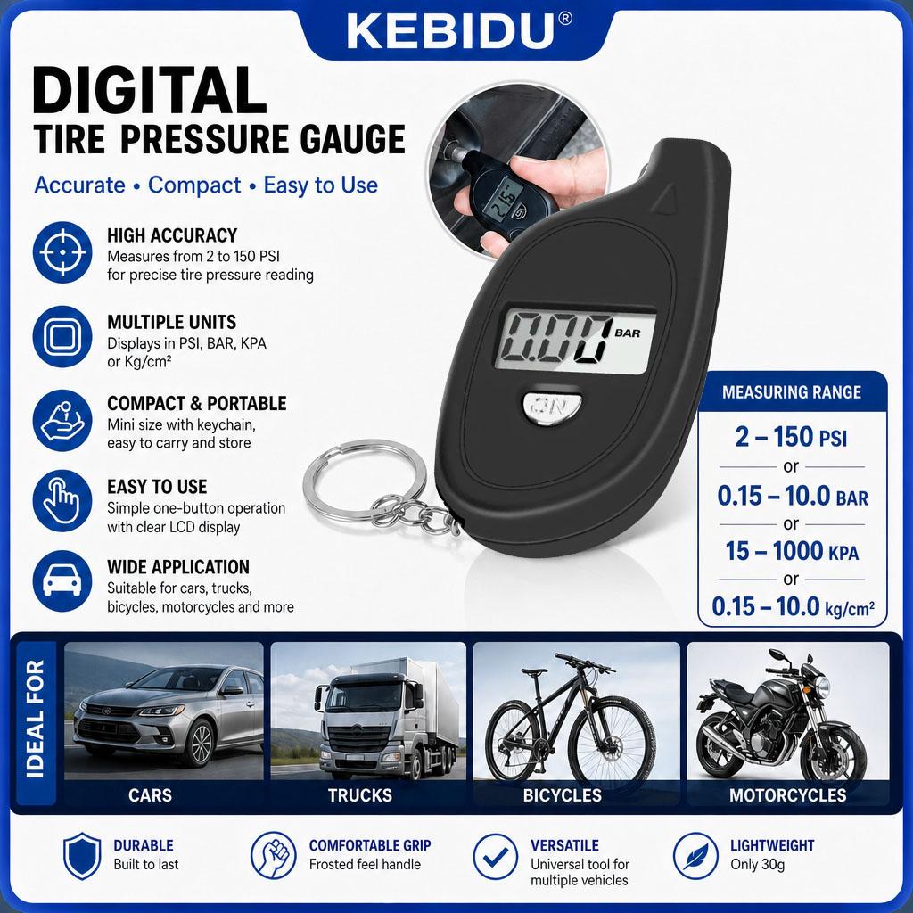 KEBIDU Mini Digital Tire Pressure Gauge Portable Keychain Tyre Air Pressure Checker 2-150PSI for Cars Bikes Motorcycles Trucks